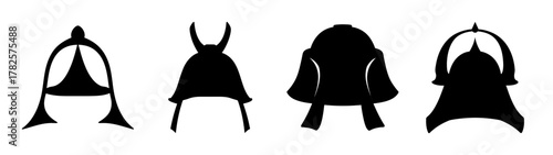 Collection of four distinct samurai helmet silhouettes warrior headwear for design and art projects