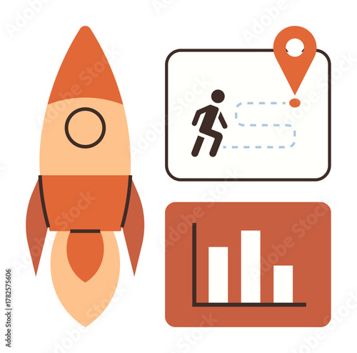 Rocket symbolizes initiation map with location pin and path shows strategic planning chart represents progress. Ideal for business planning, startups, growth, innovation, strategy, goals, simple flat