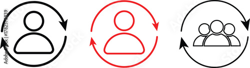 Replace person icon set. User change symbol. Person with arrow change icons. Profile switch and substitution sign