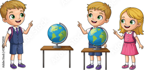 Cartoon children with globes, geography learning, school activity, educational illustration, classroom scene, animated style, Earth study, student interaction