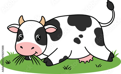 Cartoon cow eating grass, farm animal, black white spots, cute vector, children illustration, educational, livestock, nature, playful character