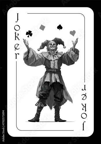 Black Joker, playing card. An original design of a Joker playing card featuring a medieval jester in a cartoon style. Medieval jester. Vector illustration