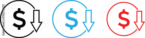Cost reduction icon. price lower arrow. Price Reduction sign. Save Money symbols. Cost Cutting Icons. Money Saving Graphic designs