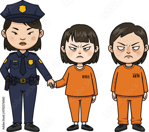 Cartoon police officer, two prisoners, law enforcement scene, arrest illustration, justice concept, animated style, custody moment, crime control, jail characters