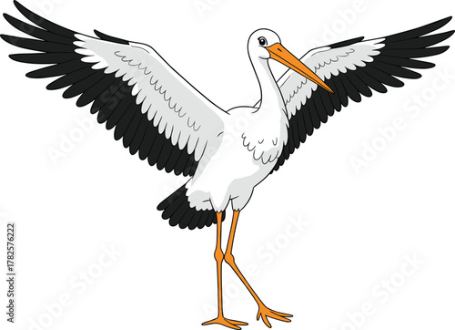 White stork cartoon illustration, wings fully spread, long orange beak, black tipped feathers, wildlife bird drawing, folklore character, educational children’s art