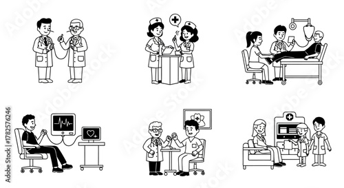 Includes six different style illustration and white background funny illustration cartoon medical scenes in pure black silhouette. Depicts doctor checkup, nurse assistance and health care teamwork. Su