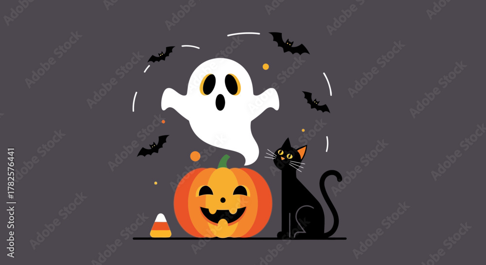 Fototapeta premium Halloween scene featuring a ghost pumpkin black cat bats and candy corn against a dark gray background perfect for holiday decorations and spooky season designs
