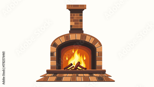 Tiled stove with fire in classic brown brick design with burning logs concept of homely warmth and rustic comfort