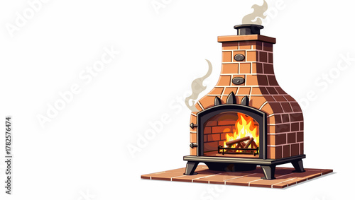 Tiled stove with fire in red brick ornate structure with curved chimney concept of rustic craftsmanship and warmth
