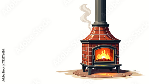 Tiled stove with fire in red cylindrical metal shape on white background concept of industrial warmth and comfort