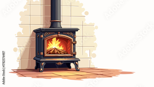 Tiled stove with fire in vintage cast iron design near tiled wall concept of traditional warmth and domestic comfort
