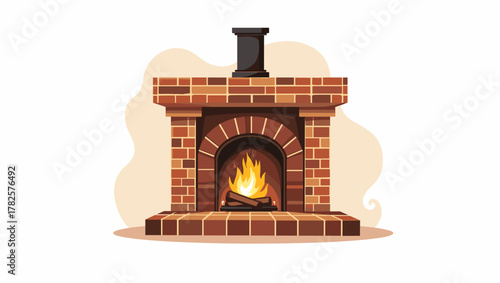 Tiled stove with fire in red brick design with arched opening and chimney concept of cozy domestic warmth and comfort