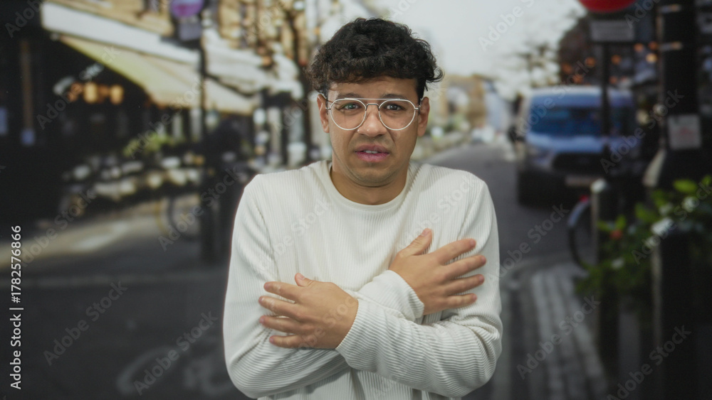 Fototapeta premium Young hispanic man in white sweater rubs hands and shivers on a bustling urban street lined with cafes under overcast sky; discomfort.