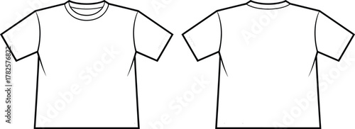 Blank white t-shirt mockup front and back view, isolated apparel template design, fashion clothing layout, clean garment illustration, editable merch graphic