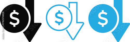 Cost reduction icon. price lower arrow. Price Reduction sign. Save Money symbols. Cost Cutting Icons. Money Saving Graphic designs