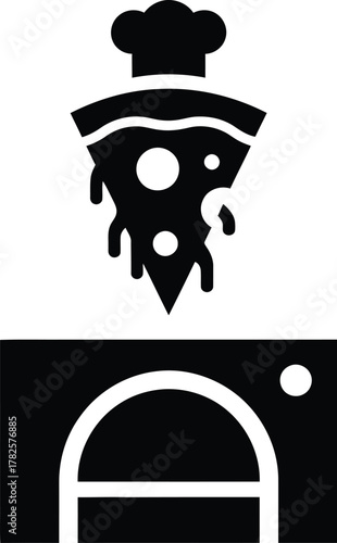 Pizza chef hat icon over a pizza oven