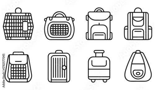 Collection of backpack, luggage, and travel bag icons in linear vector style for tourism, trip, and lifestyle design themes