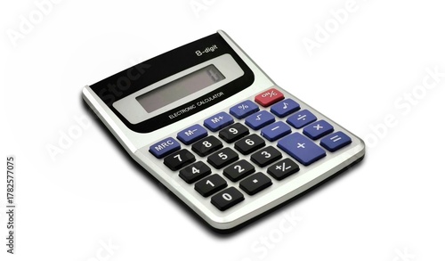 Photo of a vintage 8-digit electronic calculator, ideal for home, school, or office use. Classic retro design, compact and practical, isolated on a white background.