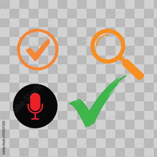 Icon set: checkmark, search, and microphone