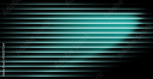 Foto Mysterious teal light filters through horizontal blinds creating dramatic shadows and an intriguing atmosphere perfect for suspense or modern design