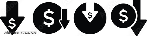 Cost reduction icon price lower arrow. Price Reduction sign. Save Money symbols. Money Saving Graphic designs. Cost Cutting Icons
