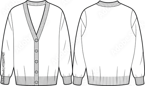 Fashion cardigan technical flat sketch, long sleeve knitwear design, front and back view, unisex apparel template, casual sweater illustration, vector fashion design