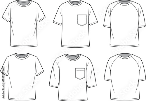 Front view blank t shirt vector templates set with short sleeve, pocket and raglan designs, realistic fashion flat sketch illustration