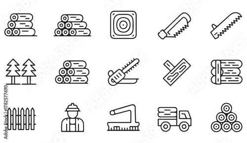 Vector outline illustration set of woodcutting tools, trees, logs, and workers used in forestry and lumber industries