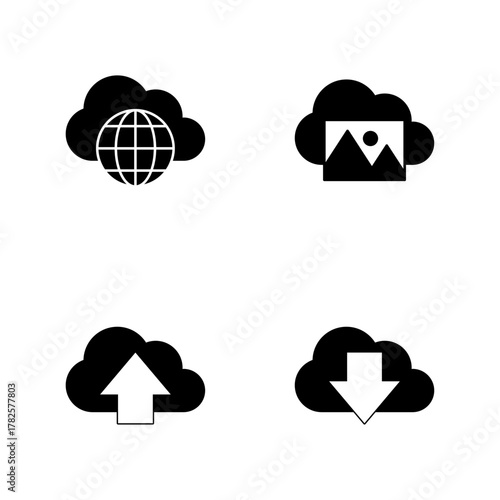 Solid Icon Set of Cloud Storage Global and Transfer