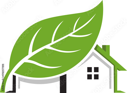 Green leaf home illustration shows real estate and eco friendly concept with a house shape on a white background