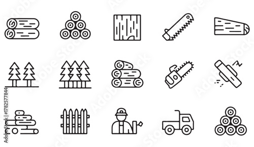 Minimalist line icons of forestry, logging, and wood production industry for manufacturing and industrial illustration