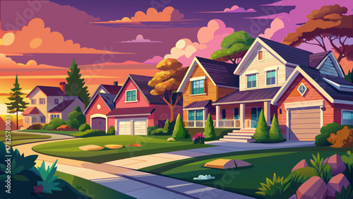 Very beautiful suburban neighborhood in Maryland, USA, featuring luxury homes under a colorful sunset sky, well-manicured lawns, and a realistic warm and inviting residential atmosphere.