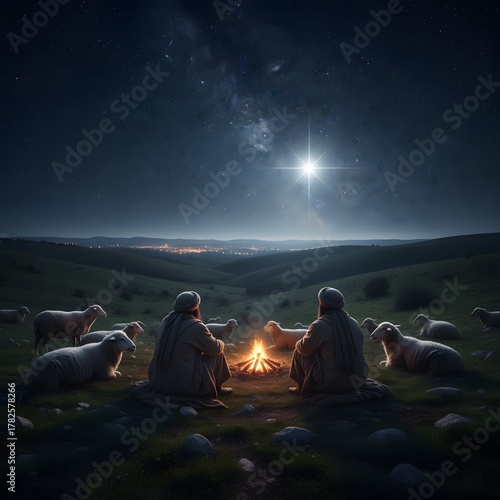 Shepherds and the Star: A Nativity Scene Under the Milky Way (AI-Generated)