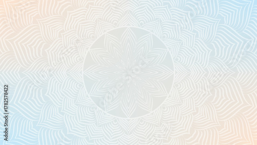 Round mandala on colorfull gradient background. Translucent mesh pattern in the form of a mandala. Mandala with floral patterns. Pastel Yoga template. Gradient background with round mandala
