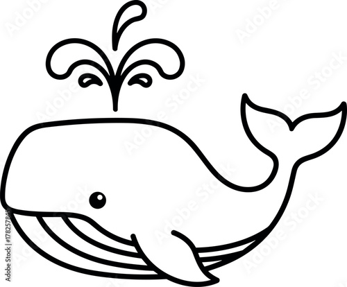 Cute cartoon whale spouting water, line art style