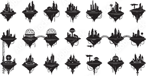 Futuristic Floating Cityscapes and Architecture Silhouettes