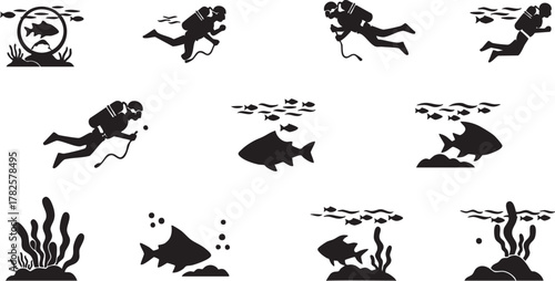 Underwater Diving and Marine Life Silhouettes