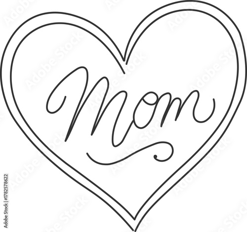 Hand-drawn illustration of a double-lined heart shape with the word 'Mom' inscribed inside, on a white background