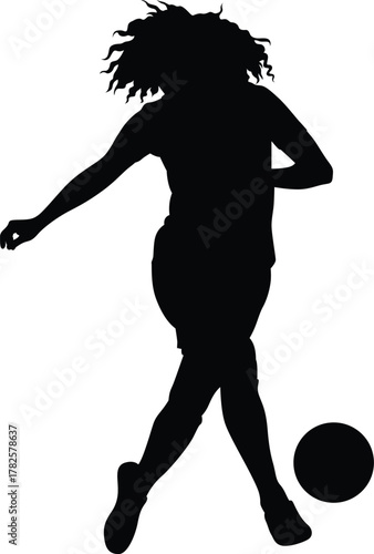 Silhouette of a woman playing soccer kicking a ball with her left foot on a white background