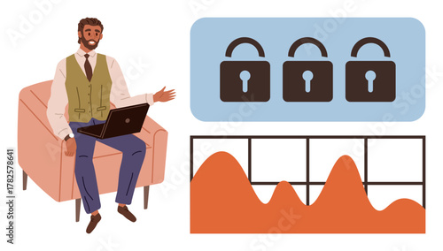 Man seated with laptop presenting orange graph and triple lock icons, emphasizing data security. Ideal for business strategy, cybersecurity, privacy, analytics, presentations, technology, network