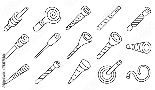 Minimalist line icons of funnels, pipes, and liquid transfer tools used in industry, engineering, and home maintenance