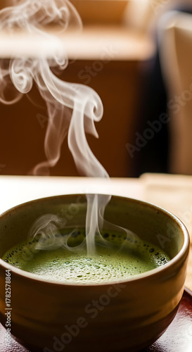 Steaming Matcha Tea in Warm Tones