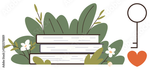 Books layered among lush green leaves and flowers. Key and heart symbolize learning, discovery, love. Ideal for education, reading, inspiration, motivation creativity personal growth. Simple flat