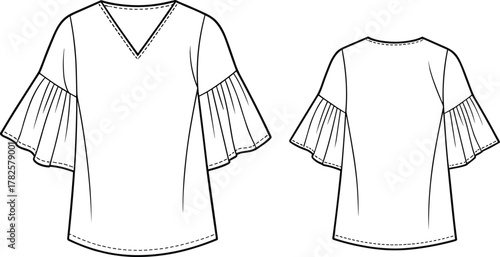 Women's blouse fashion flat sketch, short flared sleeve top design, front and back view, v neck blouse template, vector clothing illustration