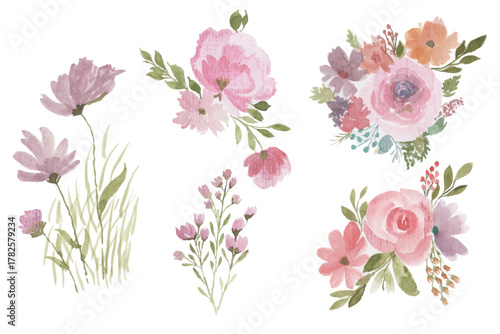 Set of roses and flowers watercolor illustration. hand drawn, flower clipart, for bouquets, wreaths, arrangements, wedding invitations, anniversary, birthday, postcards, greetings, card