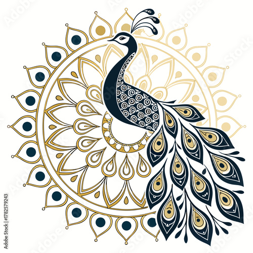 Elegant peacock illustration with mandala background, vector design element elegant