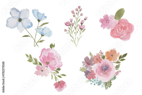Set of roses and flowers watercolor illustration. hand drawn, flower clipart, for bouquets, wreaths, arrangements, wedding invitations, anniversary, birthday, postcards, greetings, card