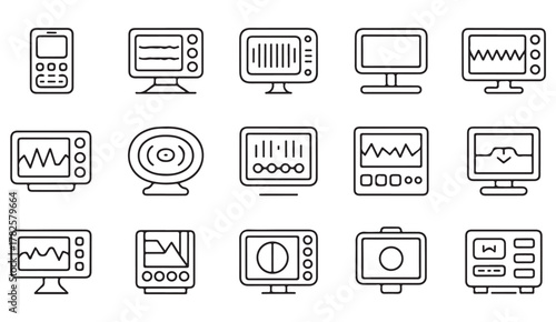 Collection of medical and diagnostic device interface icons in linear outline style for healthcare technology and monitoring systems