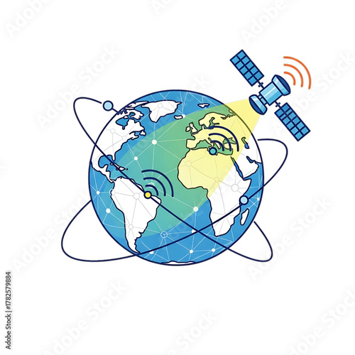 Earth with satellites icon representing global communication.