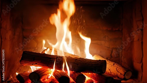 Cozy burning fireplace with glowing wooden logs and dancing flames creating warm relaxing atmosphere in rustic interior home environment